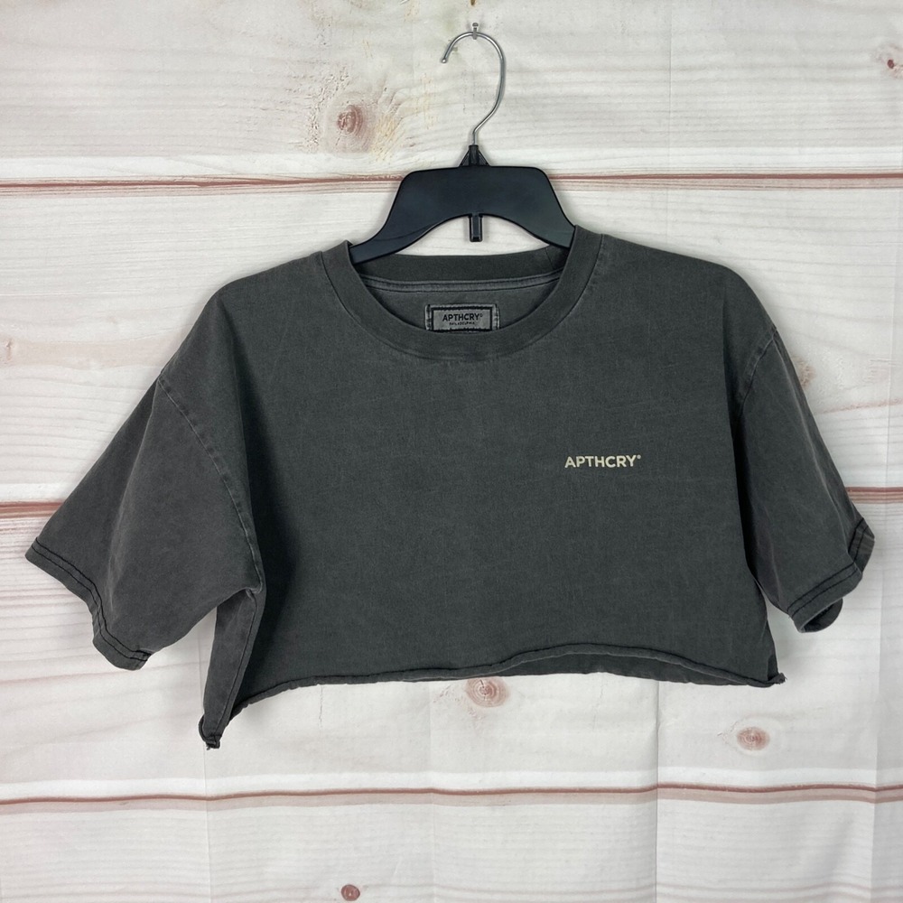 Apthcry Top Womens S Gray Crop T-Shirt Crew Neck Short Sleeve Logo Solid Knit